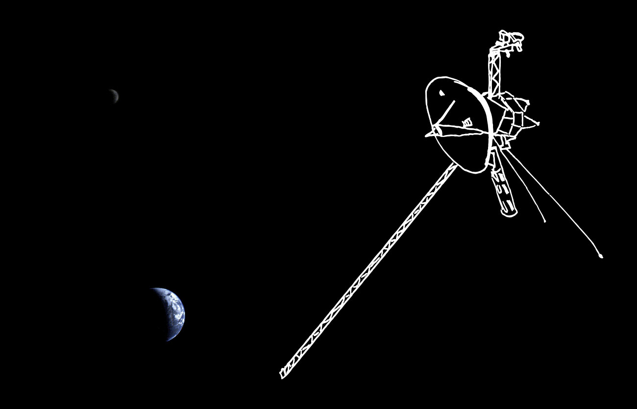 Voyager – The Grand Tour - Voyager 1, 1977: First photograph ever with the Earth and the Moon in a single frame, NASA/JPL | Drawing Detroit 2010
