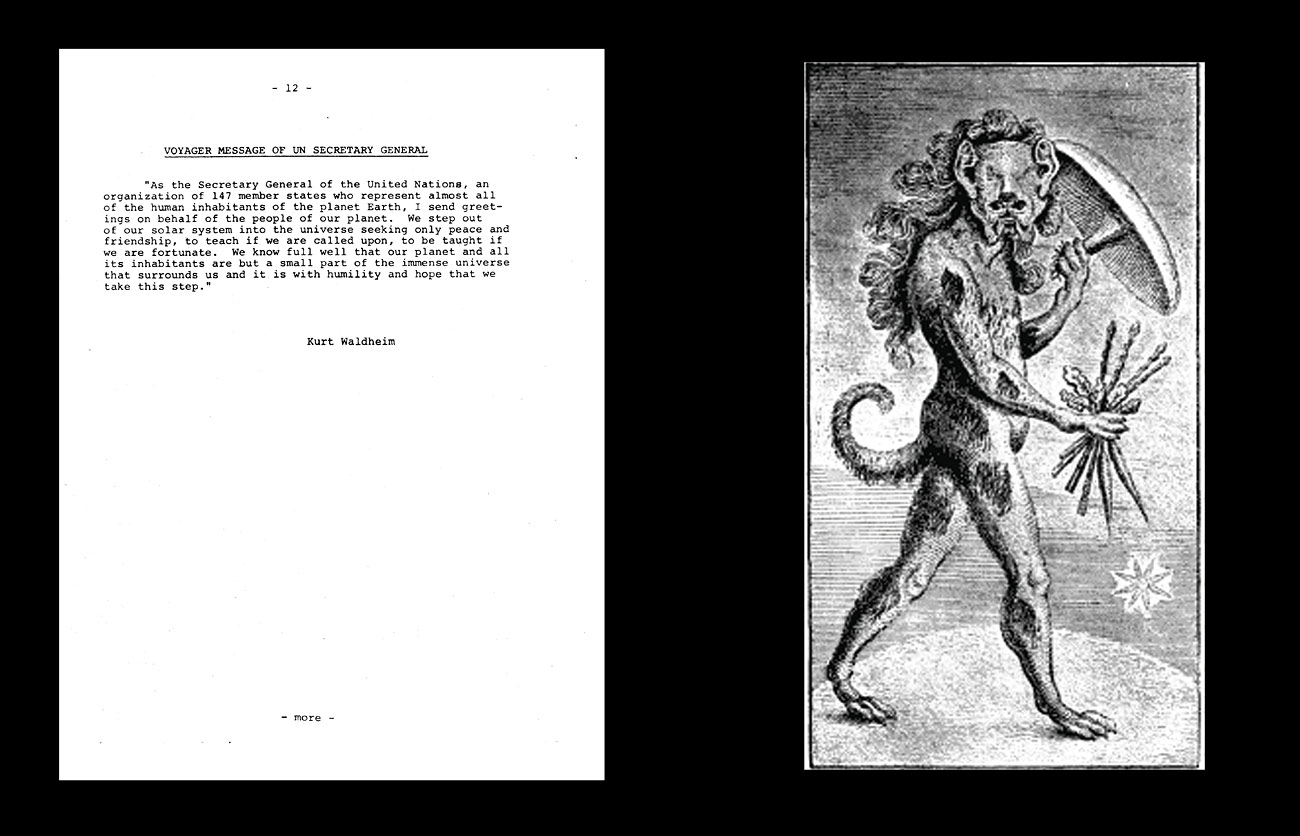 Voyager – The Grand Tour - Kurt Waldheim's message to the aliens (Transcript). | Early alien — Inhabitant of the “dog star”, according to Gottfried August Bürger: Wunderbare Reisen zu Wasser und zu Lande des Freiherrn von Münchhausen, 1786.
