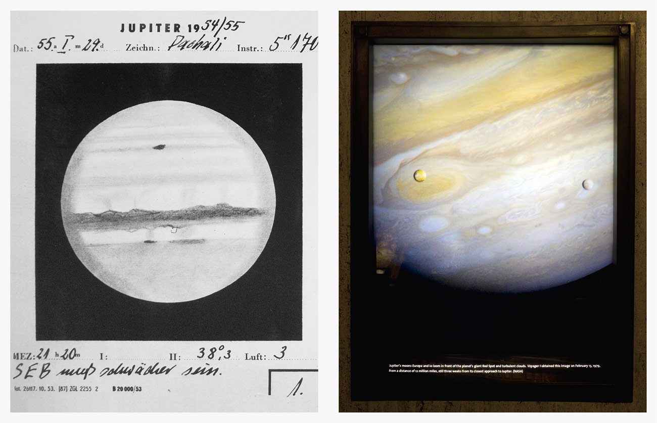 Voyager – The Grand Tour - Until the Voyager mission, research of the outer planets had only been carried out using telescopic observations.  | Photograph of Jupiter with two moons, taken during Voyager 1’s Jupiter fly-by,  Griffith Park Observatory.